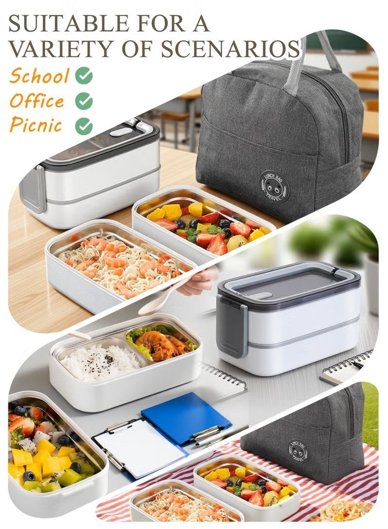 MASINGAA Stainless Steel Lunch Box with Thermal Bag and Cutlery, Double-Layer, Microwave-Safe, Made of 304 Leakproof Stainless Steel, Detachable with Thermal Insulation, Ideal for Adults, Students, Office, or School (1400ml) - Image 4